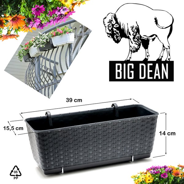 BigDean 6er Set Blumenkästen für Balkon-Geländer - Rattan-Optik - Anthrazit - Balkonkästen mit Metall-Halterung - 39 x 15,5 x 14 cm - inkl. Bewässerungssystem