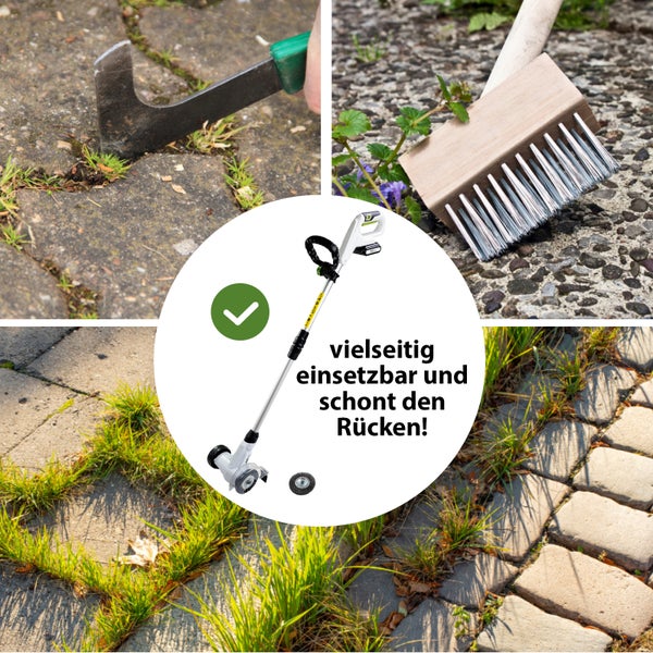 Akku Fugenbuerste zur einfachen Unkrautentfernung zwischen Pflastersteinen inklusive verschiedener Aufsaetze fuer eine rueckenschonende Gartenarbeit