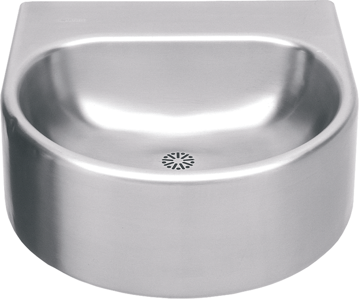 Wandwaschbecken aus Edelstahl mit abgerundeter Front und integriertem Siebabfluss.