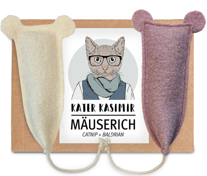 XL Spielmaus für Katzen im 2er Pack: Mit leckerer Katzenminze und betörendem Baldrian. Handgenähte Spielmäuse für Katzen aus reiner Schurwolle