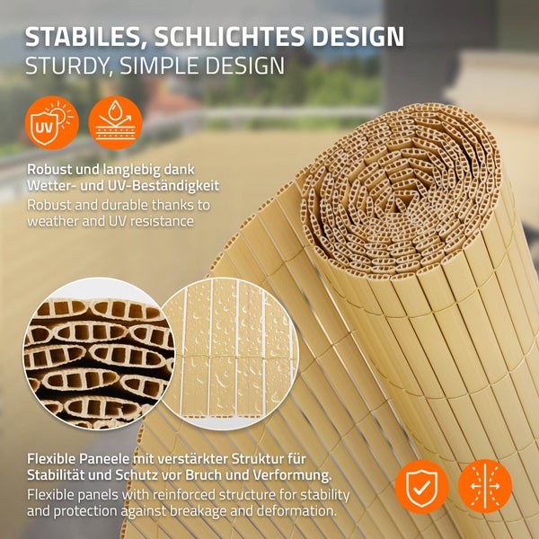ECD Germany PVC Sichtschutzmatte 90 x 600 cm (2x 3m), Bambus, Sichtschutzzaun 3-Gewicht-Verstärkung, UV-beständig, Windschutz Balkonverkleidung Zaunblende, Sichtschutz für Garten, Balkon & Terrasse