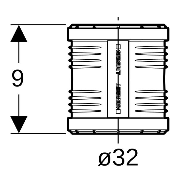 Maßzeichnung einer Geberit Muffe mit einem Durchmesser von 32 Millimetern und einer Höhe von 9 Zentimetern. Geberit Logo.