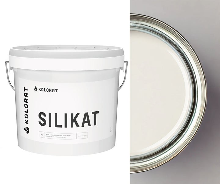 Ein Eimer mit Kolorat Silikat Wand- und Deckenfarbe für den Innenbereich, matt, Inhalt fünf Liter, mit geöffnetem Deckel.