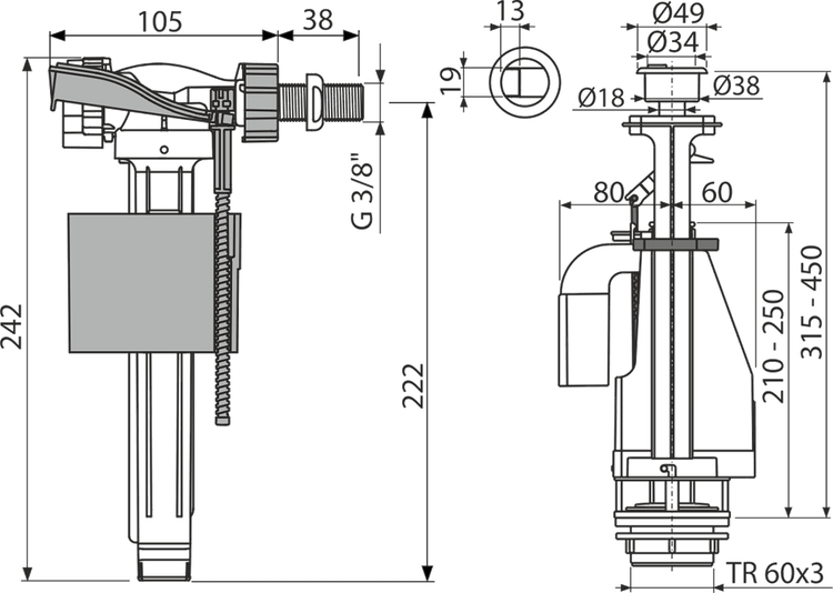 Technische Zeichnung eines Füllventils und Ablaufventils für die Toilette mit Maßangaben in Millimeter und Zoll.