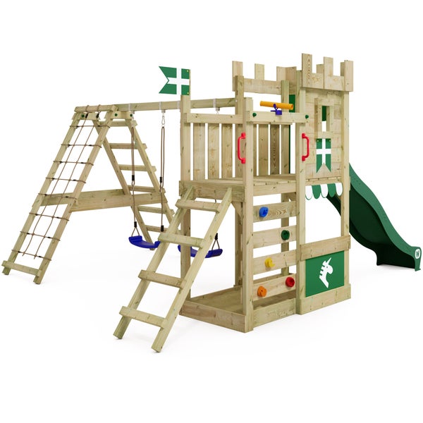 WICKEY Spielturm Ritterburg DragonFlyer mit Schaukel und Rutsche, Spielhaus mit Sandkasten, Kletterleiter und Spiel-Zubehör - grün