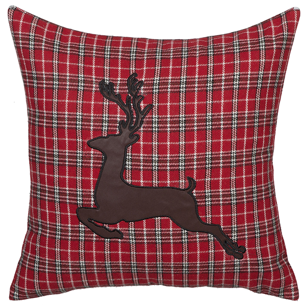 Kariertes Dekokissen in Rot mit applizierter Hirsch-Silhouette.