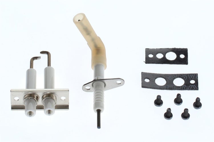 Zündelektroden-Set für Heizsysteme mit Doppelelektrode, Einzelelektrode, Dichtungen und Schrauben.