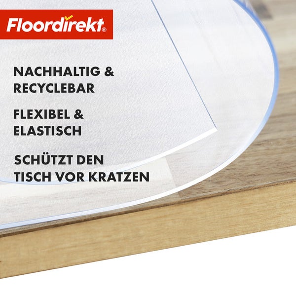 Floordirekt Logo. Tischschutzunterlage aus Kunststoff zum Schutz vor Kratzern, nachhaltig und recyclebar, flexibel und elastisch.