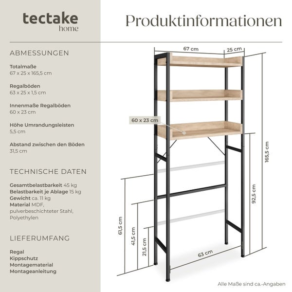 Maßzeichnung eines Tectake Standregals aus pulverbeschichtetem Stahl und Holzwerkstoff mit drei Regalböden und Angaben zu den Abmessungen.