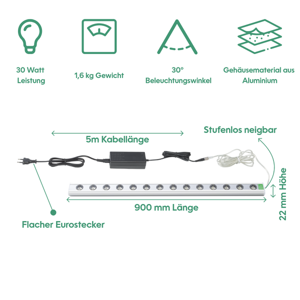 Technische Spezifikationen einer 900 Millimeter langen, stufenlos neigbaren LED-Leuchte mit flachem Eurostecker, 30 Watt Leistung, 1,6 Kilogramm Gewicht, 30 Grad Beleuchtungswinkel und Gehäusematerial aus Aluminium.