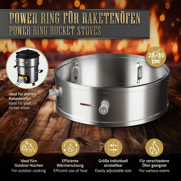 BBQ#BOSS Power Ring für BBQ Raketenofen, aus Edelstahl, Ø 25-35 x 9 cm, einstellbar, Feuerring für Raketenofen, bis zu +25% Effizienz und -20% Rauchentwicklung, Windabweisende Funktion, Edelstahlring