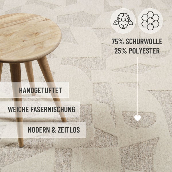 Handgetufteter Teppich aus 75 Prozent Schurwolle und 25 Prozent Polyester mit modernem Muster, weicher Fasermischung und einem Holzschemel.