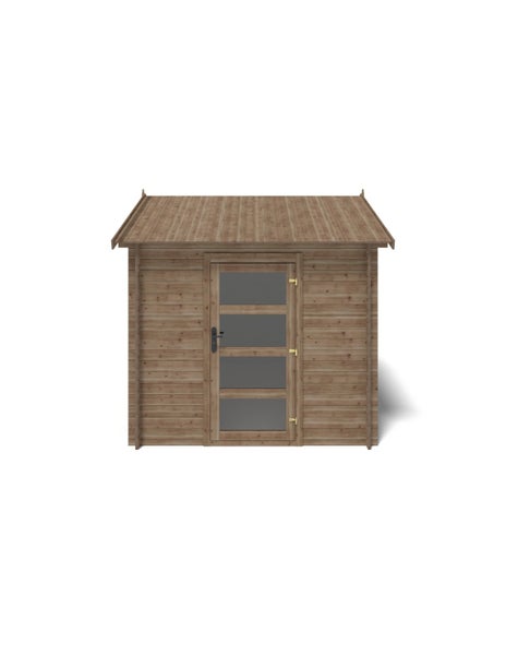 Gartenhaus aus Holz mit Pultdach und einer Einzeltür mit vier Lichtausschnitten.