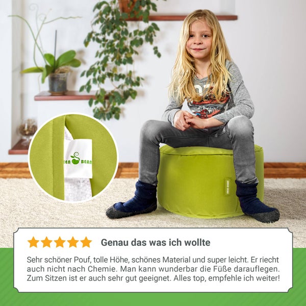 Green Bean Sitzsack-Hocker 45x25cm mit EPS-Perlen Füllung - Fußhocker Fußkissen Sitz-Pouf für Sitzsäcke - Bodenkissen für Kinder und Erwachsene - Fußablage Sitzkissen Sitzhocker Grün