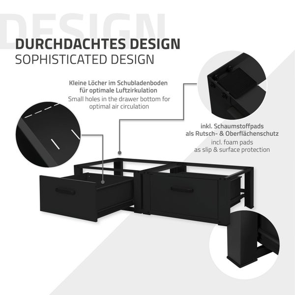 ML-Design Doppel Waschmaschinen Untergestell mit 2 Schubladen, Schwarz, 128x53,5x31,5 cm, Waschmaschinen-Sockel 2-Fach 2x150kg, Stahl, Doppeluntergestell Doppelpodest Sockel Erhöhung Trockner Unterbau