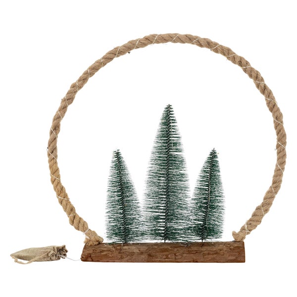 ECD Germany LED Jute Kreis mit LED-Beleuchtung 45x45x9,5 cm, Deko Weihnachtskreis aus Seil mit 45 warmweißen LEDs, 3 Tannen, Jutesäckchen, Batterien, Timer, Weihnachtsbeleuchtung Weihnachtsdeko Innen