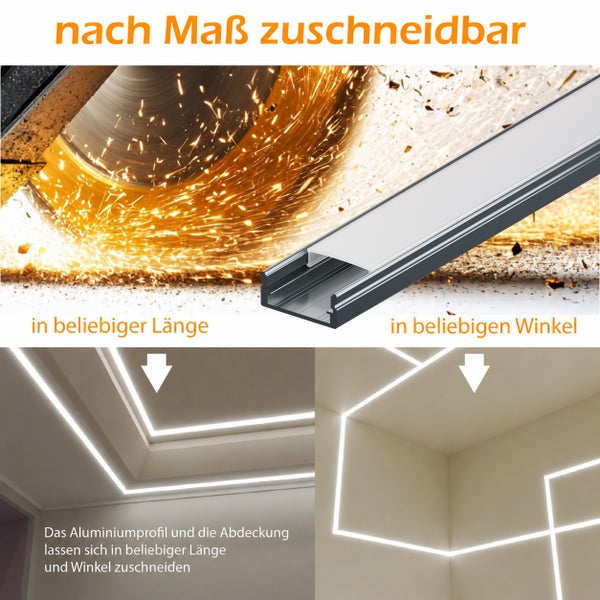 Aluminiumprofil für LED Streifen, individuell zuschneidbar in Länge und Winkel für eine flexible Montage an Wand oder Decke.