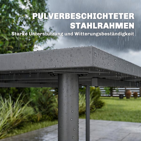 Rechteckiger Gartentisch aus Metall in Anthrazit mit Lattenoptik, gedeckt mit sechs Tellern und Besteck.