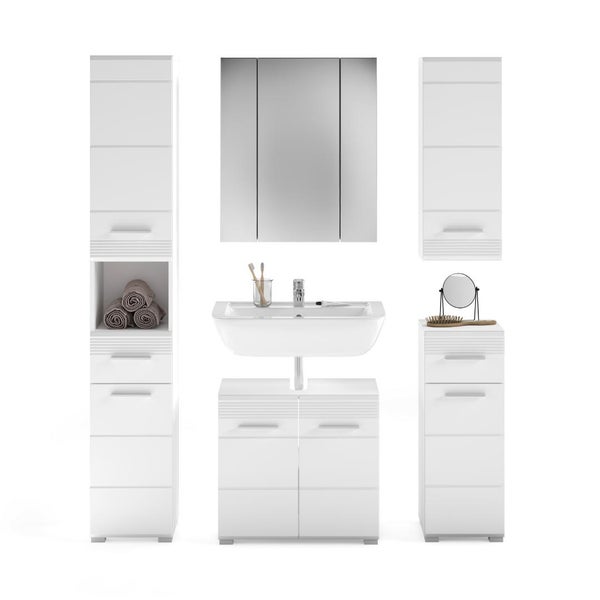 Weißes Badezimmermöbel-Set mit Hochschrank, Waschbeckenunterschrank, Spiegelschrank und Beistellschrank. Moderner und organisierter Stil.