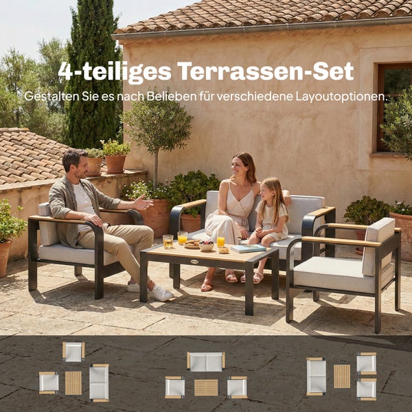 Vier-teiliges Terrassen-Set mit Sofa, zwei Sesseln und Tisch auf einer Steinterrasse, verschiedene Anordnungsmöglichkeiten.