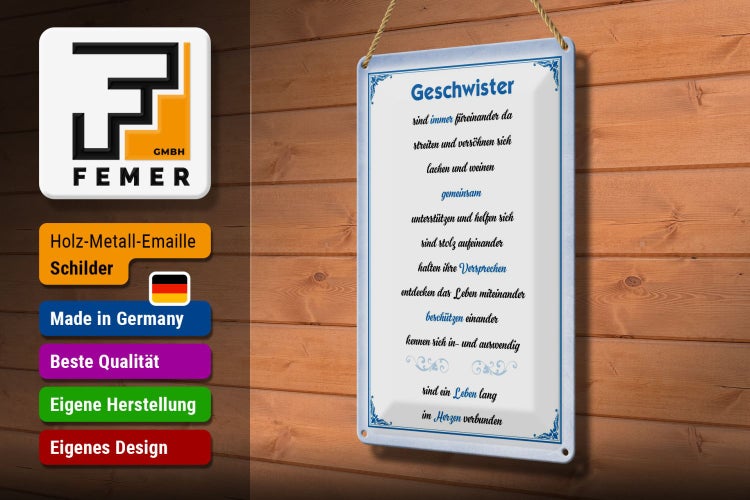 Blechschild Spruch 20x30cm Geschwister immer füreinander da