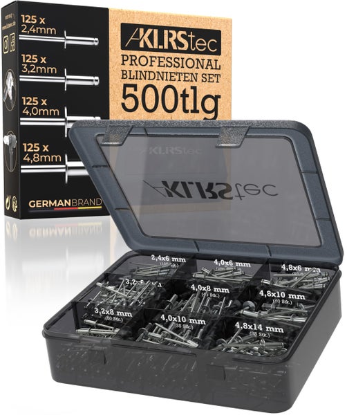 KLRStec Professional Blindnieten Set [500tlg.] Aluminium/Stahl Popnieten Set für Nietenzangen 125 Stk. jeder Größe (2,4mm, 3,2mm, 4,0mm und 4,8mm)