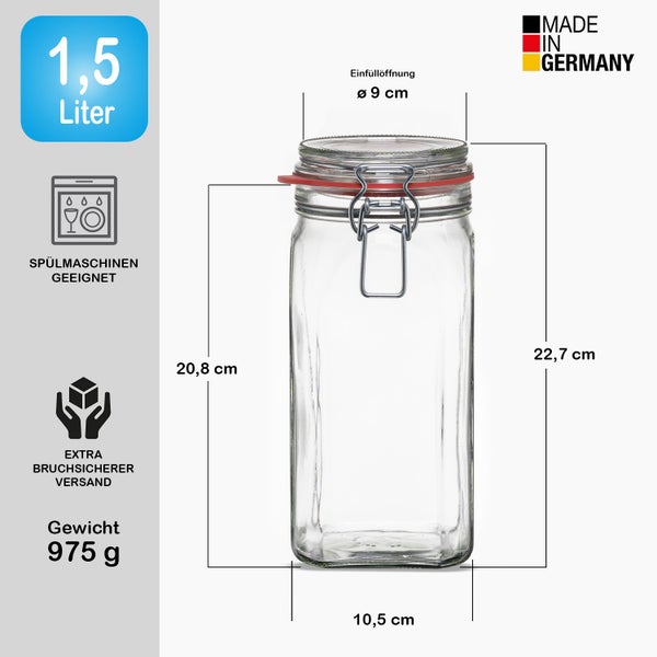 Einmachglas mit einem Fassungsvermögen von 1,5 Litern, einer Einfüllöffnung von 9 cm Durchmesser und einem Gewicht von 975 g. Spülmaschinengeeignet und bruchsicherer Versand. Hergestellt in Deutschland.