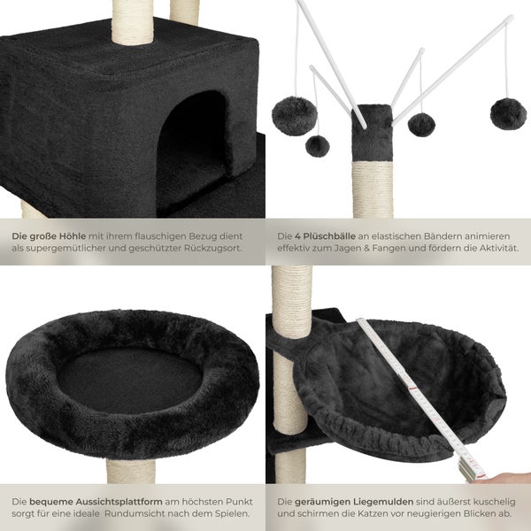 Nahaufnahme verschiedener Elemente eines Katzenkratzbaums: Höhle, Spielbälle, Aussichtsplattform und Liegemulde