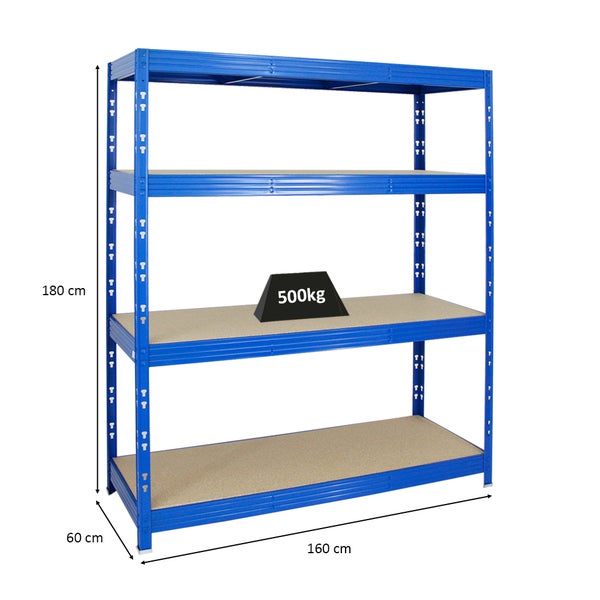 PROREGAL Profi Schwerlastregal Rhino HxBxT 180 x 160 x 60 cm 4 Spanplatten-Ebenen 8mm Fachlast 500 kg Blau