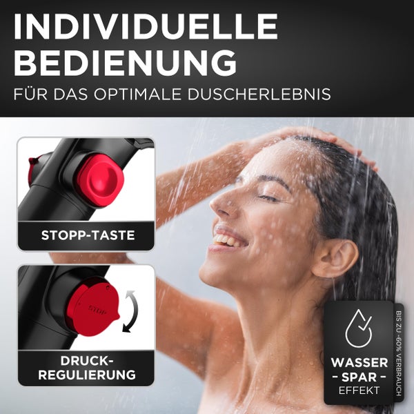 Handbrause mit Stopptaste, Druckregulierung und Symbol für bis zu 60 Prozent Wassereinsparung, dargestellt mit einer Frau unter der Dusche.