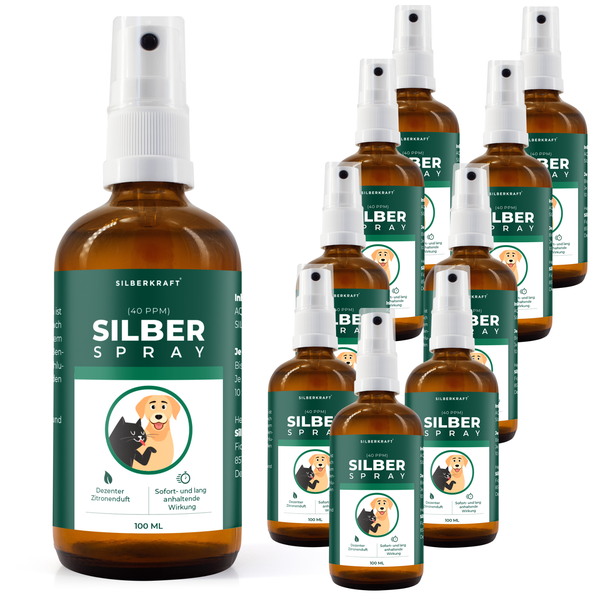 Mehrere Flaschen Silberkraft Silberspray mit 100 Milliliter Inhalt zur Anwendung bei Hunden und Katzen mit Zitronenduft.