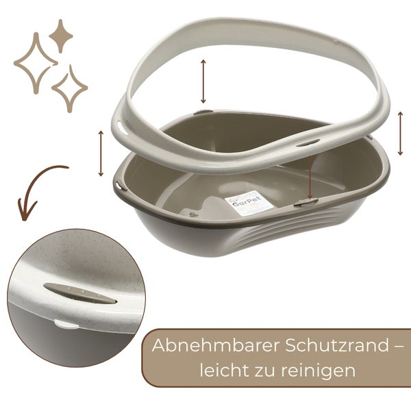 Katzentoilette mit abnehmbarem Schutzrand für eine einfache Reinigung und GarPet Logo.