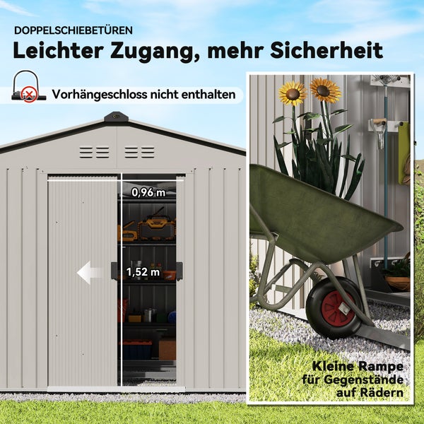Gartenschuppen mit Doppelschiebetüren, leichter Zugang und Rampe für Gegenstände auf Rädern