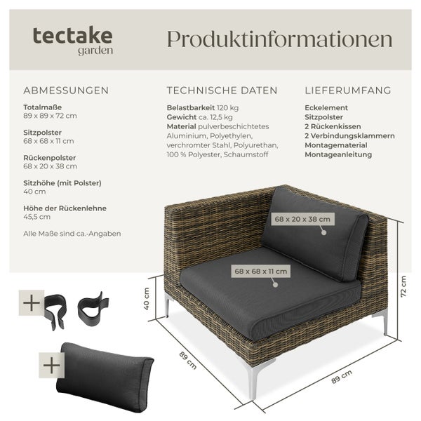 Modulares Rattanset tectake Villanova 89 x 89 x 72 cm rechtes Eckelement mit Aluminiumgestell anthrazit-meliert