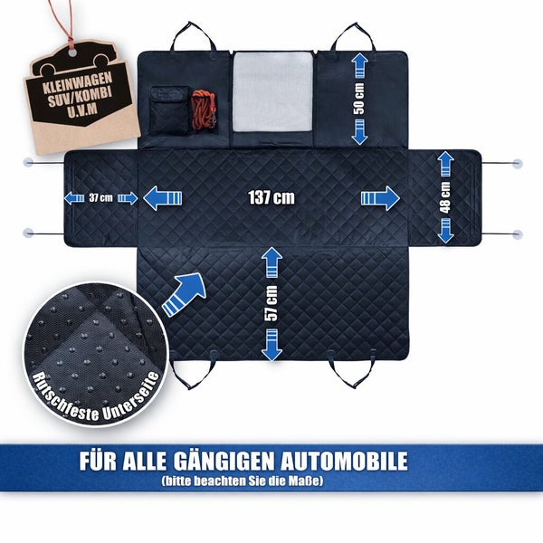 Hundeautoschondecke mit rutschfester Unterseite und Maßangaben für verschiedene Fahrzeugtypen.