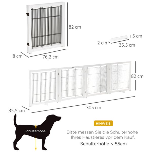 PawHut Türschutzgitter Holz Absperrgitter für Hunde Schutzgitter Hundegitter Sicherheitstür Bidirektionales Falten Stahl Weiß 305 x 35,5 x 82 cm