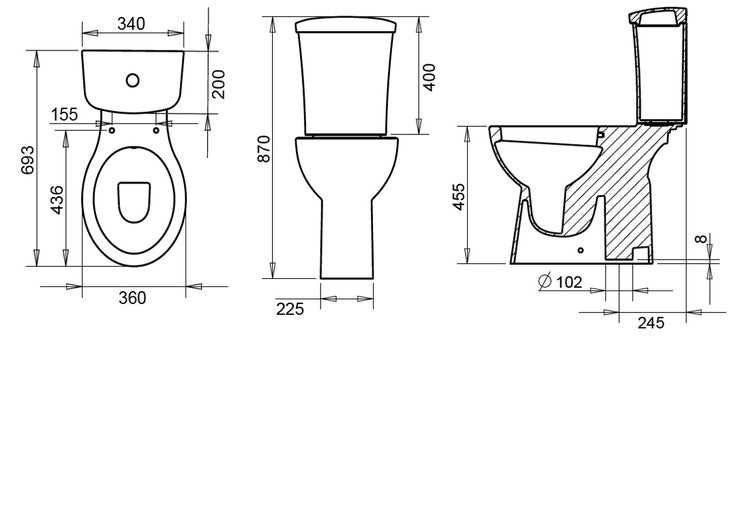 Maßzeichnung einer bodenstehenden Toilette mit Spülkasten. Draufsicht, Frontansicht und Seitenansicht mit Maßangaben in Millimetern.