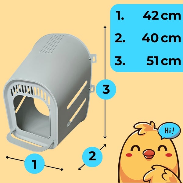Abmessungen einer grauen Nistbox für Vögel: 42, 40 und 51 Zentimeter