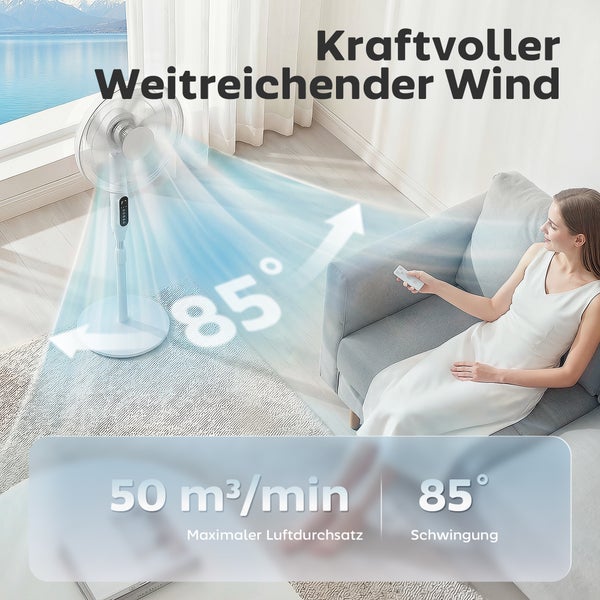 Weißer Standventilator im Wohnzimmer, 85 Grad Schwingung, 50 Kubikmeter Luftdurchsatz pro Minute. Eine Frau steuert das Gerät per Fernbedienung.