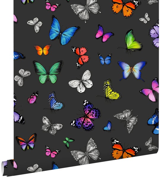ESTAhome Tapete Schmetterlinge Multicolor auf Schwarz - 53 cm x 10.05 m - 138508