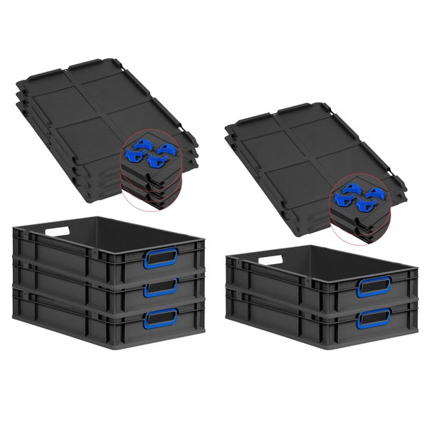 PROREGAL SparSet 5x Eurobox NextGen Color mit Auflagedeckel und Schiebeschnappverschlüsse, HxBxT 12x40x60cm, 23 Liter, Schwarz, Griffe blau offen, Eurobehälter, Transportbox, Transportbehälter, Stapelbehälter