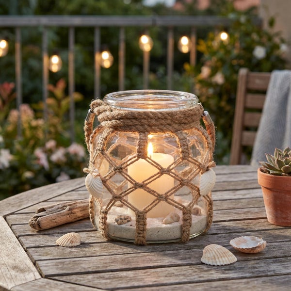 Windlicht aus Glas mit Jute Netz und Muscheldekoration auf einem Holztisch mit brennender Stumpenkerze im Garten.
