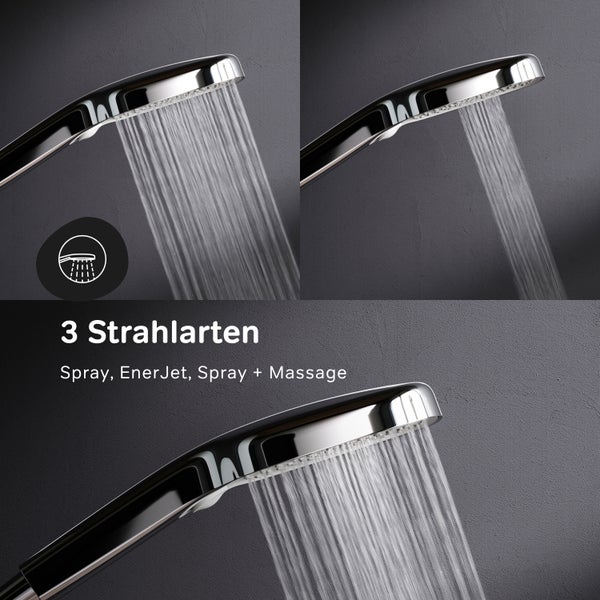 Handbrause mit 3 Strahlarten: Spray, EnerJet und Spray plus Massage, zeigt die verschiedenen Wasserstrahlfunktionen.