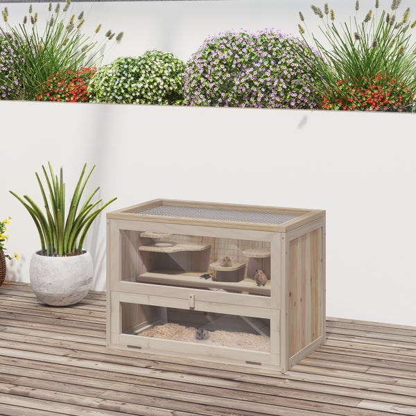 PawHut Hamsterkäfig aus Holz für Zwerghamster Nagerkäfig Kleintierkäfig mit Gitterdach und Rampe, Nagarium Käfig 60 x 35 x 42 cm Naturholz