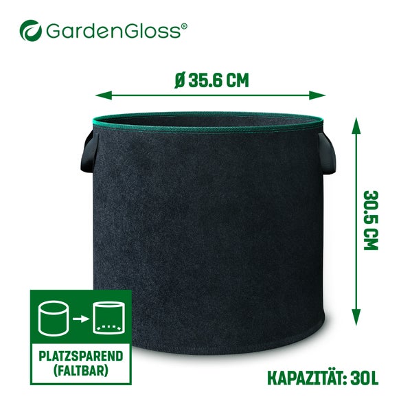 GardenGloss® Pflanzsack (3 Stück) - 30L Pflanztasche aus Vliesstoff - Pflanzentasche für Kartoffeln, Tomaten und Erdbeeren - Farbe Schwarz - Verwendung im Innen- und Außenbereich