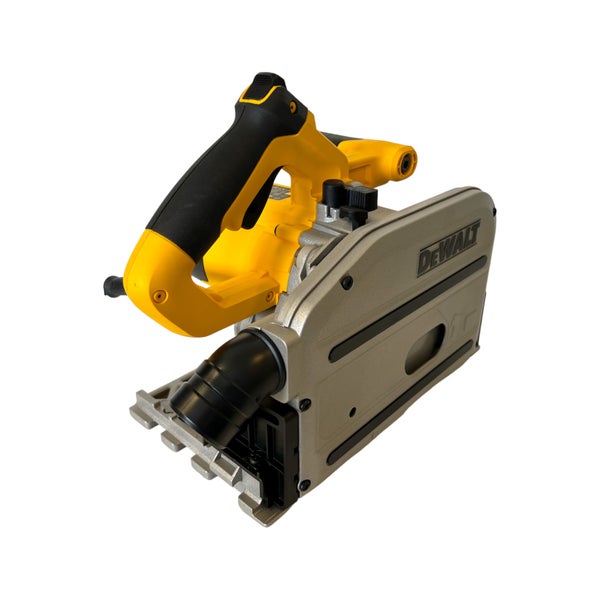 DeWalt Tauchsäge mit ergonomischem Handgriff, Staubsauganschluss und Schutzhaube aus Metall.