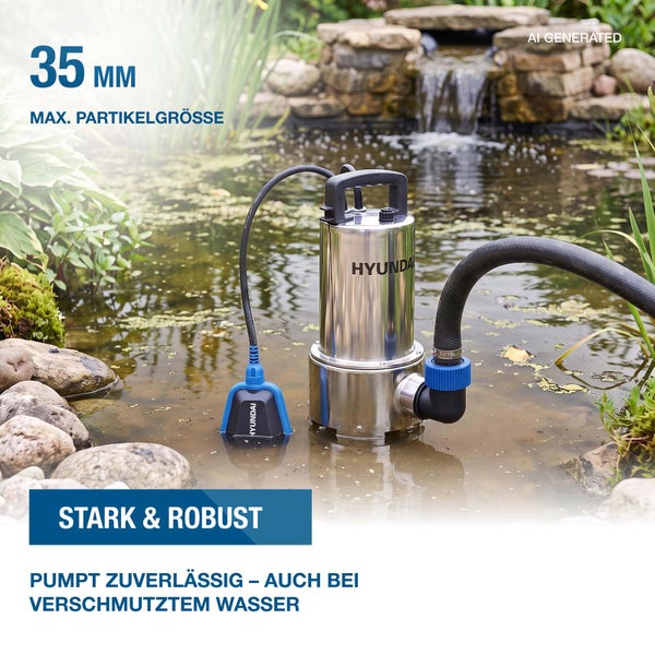 Hyundai Schmutzwasserpumpe in einem Gartenteich mit einer maximalen Partikelgroesse von 35 Millimetern.