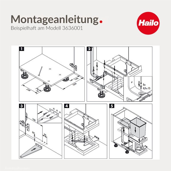 Montageanleitung für ein Hailo Abfallsystem Modell 3636001 mit fünf Schritten zum Einbau in einen Schrank. Hailo Logo.
