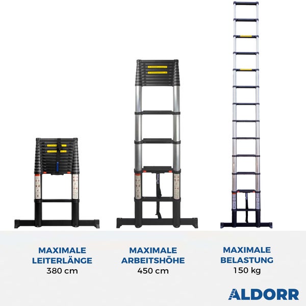 ALDORR Professional - Teleskopleiter 3,80M mit ausziehbarer Stabilisatorstange - Belastbarkeit bis zu 150kg - Soft-Close-System