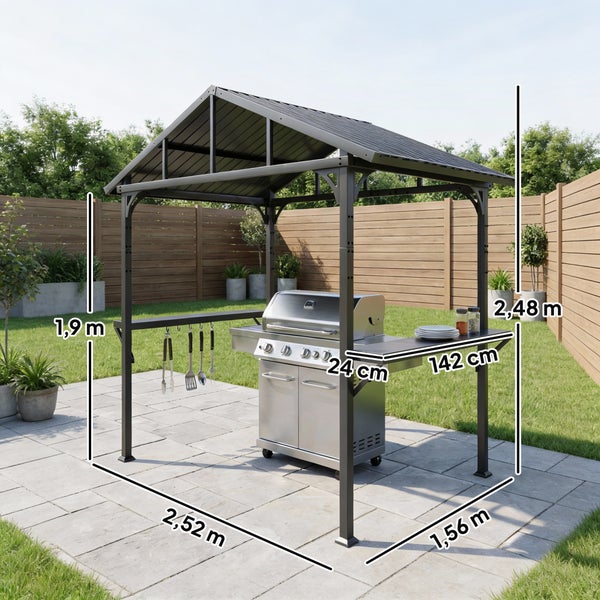 Grillpavillon aus Metall mit Satteldach über einem Gasgrill im hellen Gartenbereich. Grillbesteck hängt an der Seite, Gäste im Hintergrund.